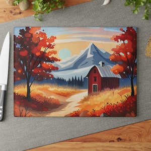 Fall Barn Mountain Glass Schneidebrett