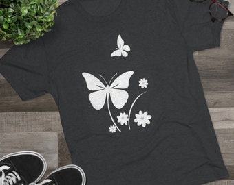 Camiseta Tri-Blend unissex com borboleta floral