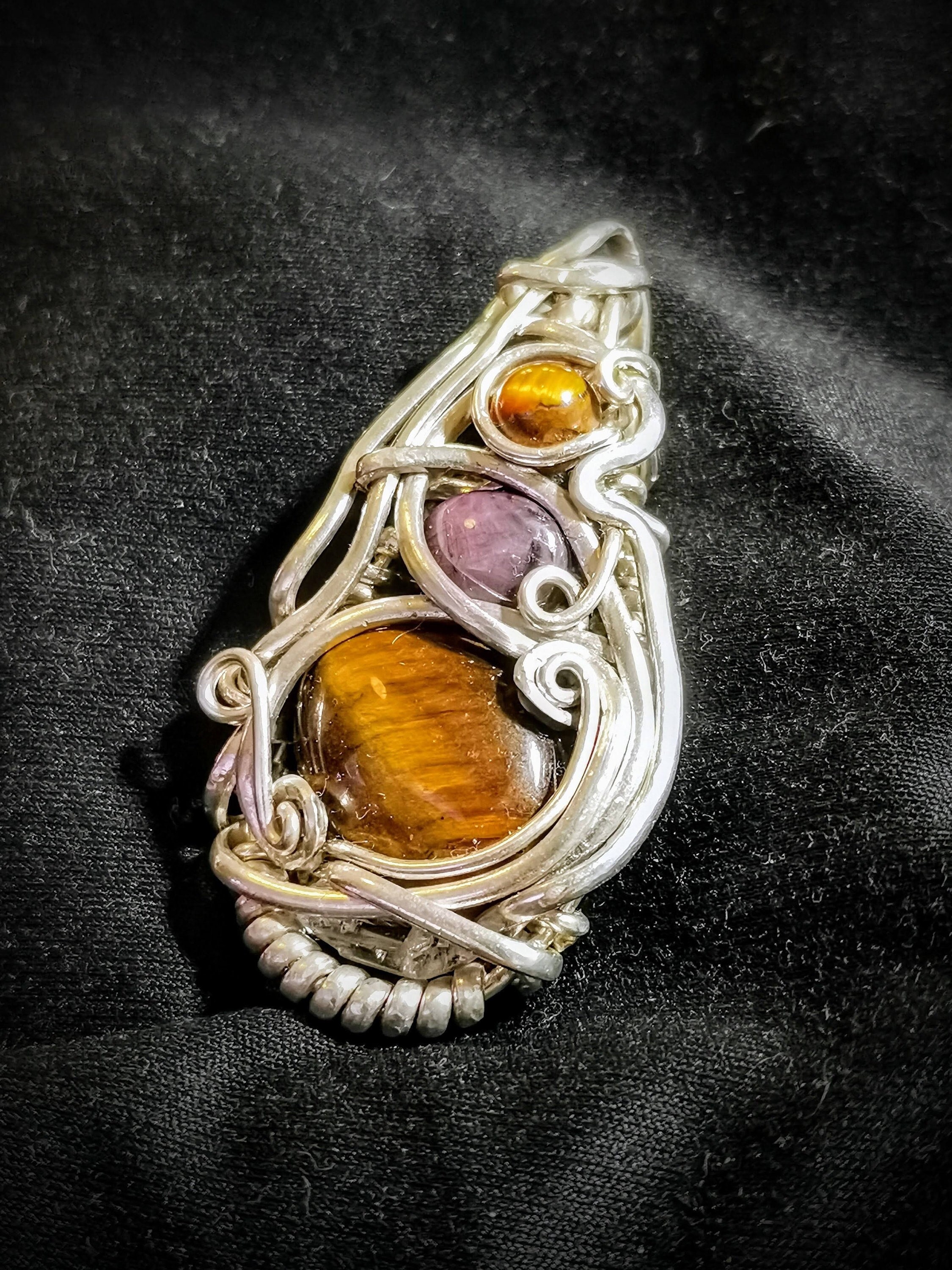 Sterling Silver Tiger Eye & Star Ruby Necklace - Handmade Jewelry - Unique Design Pendant