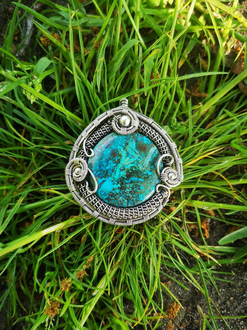 Unique Chrysocolla Pendant Silver Wire Wrapped, Chrysocolla Necklace Handmade Bild 8