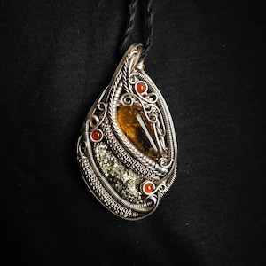 Silver Pendant with Pyrite - Citrine & 3 Carnelians - Handmade Necklace - Unique Gift for Anyone