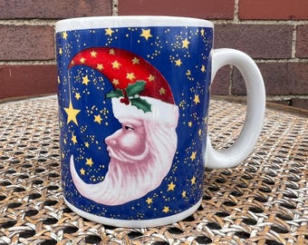 Taza vintage de Papá Noel con luna creciente celestial