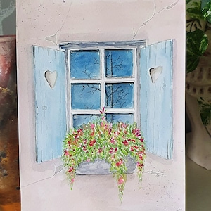 Original Aquarell von einem Fenster mit Fensterläden. Handsigniert. Ungerahmt und unmontiert. 155 x 210 mm, signiert von Debbie Lee