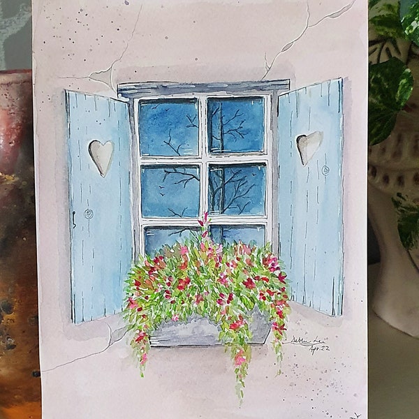 Original, OOAK, watercolour painting of a shuttered window. Hand signed. Unframed and unmounted. 155 x 210mm, signed by Debbie Lee