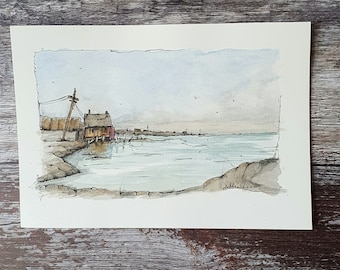 OOAK, aquarelle originale peinte à la main représentant une scène de port rustique. Non encadré et non monté. 125 x 180 mm. Signé par l'artiste, moi