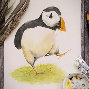 OOAK, delightful, original watercolour painting depicting a dancing puffin, on 300gsm watercolour paper. Unframed, 310 x 250mm. Signed.
