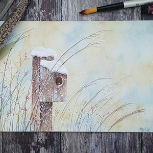 Einzigartiges, originales Aquarellbild mit der Darstellung eines rustikalen Vogelhäuschens. 260x180mm. Vom Künstler signiert. Ungerahmt und unmontiert, signiert von Debbie Lee