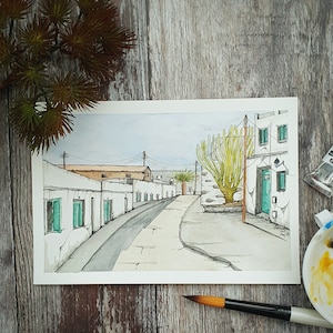 OOAK, original handgemaltes Aquarell von Haria, Lanzarote. Ungerahmt und unmontiert. 125 x 180mm. Signiert von Debbie Lee