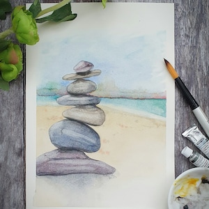 OOAK, original hand painted watercolour painting depicting stacking stones. Unframed and unmounted. 260 x 180mm. Signed by me.