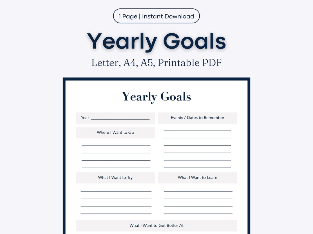 Yearly Goals Printable PDF letter, A4, A5 - Etsy