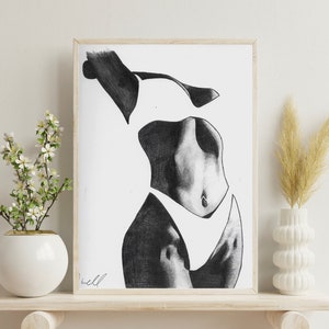 Bikini Körper Art Print - Bleistiftzeichnung eines Mädchens im Bikini - Bleistift Zeichnung Kunstdruck - Strand Print - Bleistift Zeichnung Print