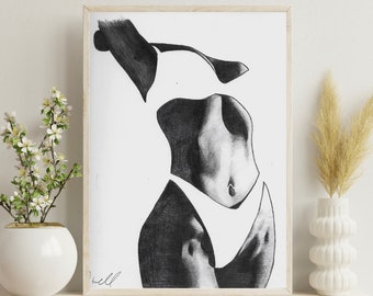 Bikini Body Art Print - Pencil Drawing of a Girl in a Bikini - Pencil Drawing Art Print - Beach Print - Pencil Drawing Print
