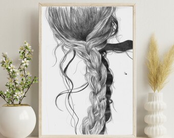Braid Art Print - Pencil Drawing of Hair In A Braid - Pencil Drawing Art Print - Braid Print - Pencil Drawing Print