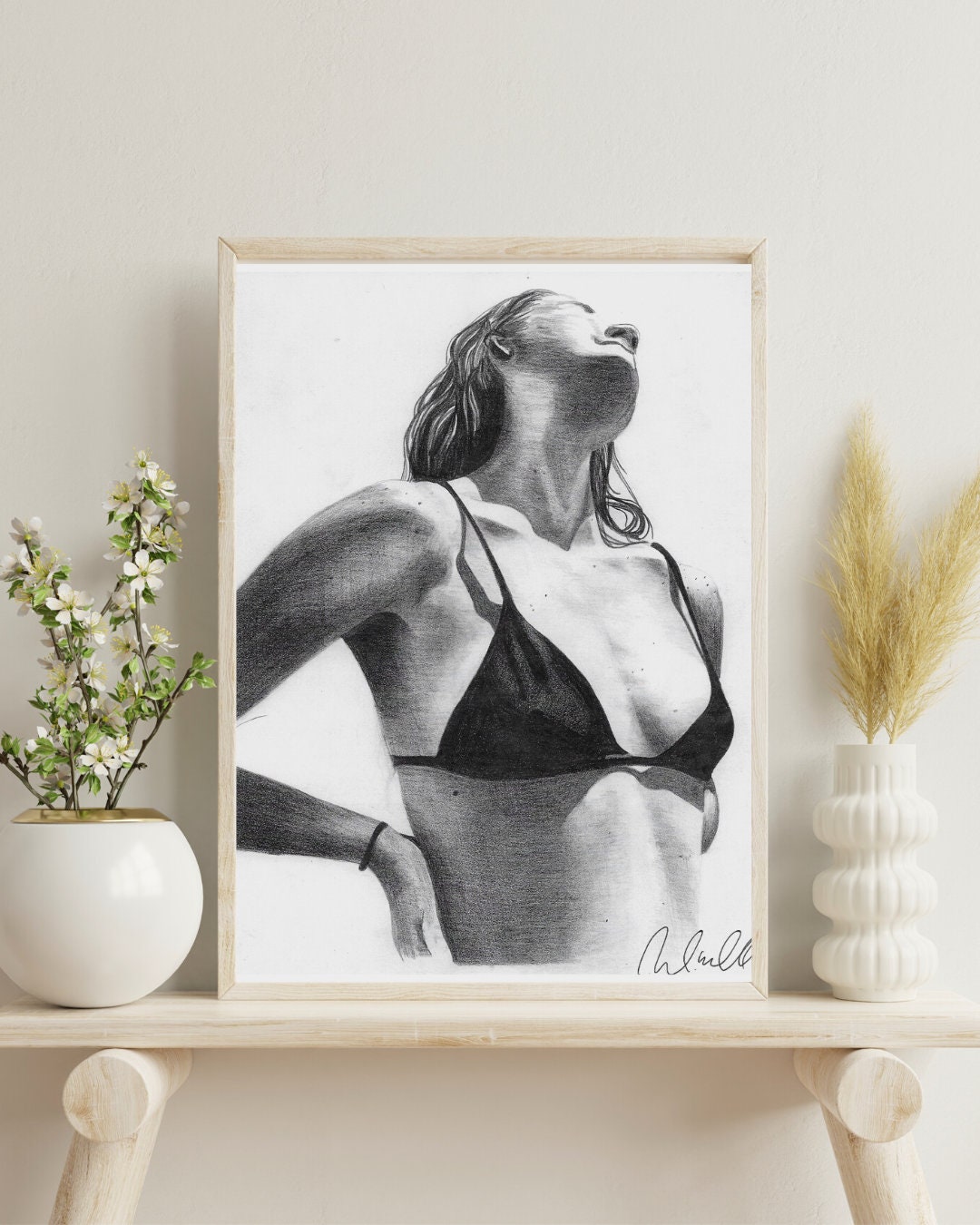 Bikini Art Print - Pencil Drawing of a Girl in a Bikini - Pencil Drawing Art Print - Beach Print - Pencil Drawing Print