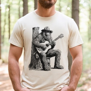 Bigfoot guitar shirt gift for outdoor lover, sasquatch shirts, hiking tshirt, camping tshirts, nature tee, forest tees, adventure clothing