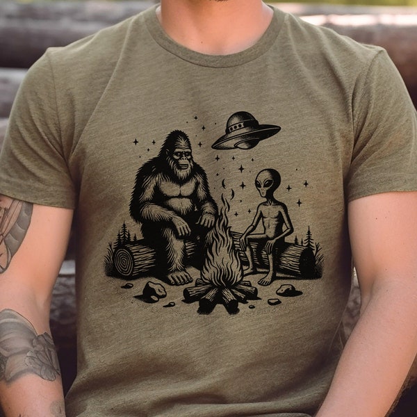 Bigfoot and alien shirt gift for outdoor lover, sasquatch shirts, hiking tees, camping clothes, forest tee, woodland tshirt, nature tshirts