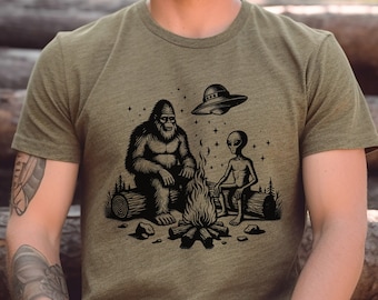 Bigfoot and alien shirt gift for outdoor lover, sasquatch shirts, hiking tees, camping clothes, forest tee, woodland tshirt, nature tshirts