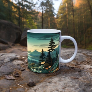 Mountain forest mug gift for outdoor lover, tea cups, coffee cup, camping mugs, hiking mug, nature, pine trees, hot cocoa, woodland, camper