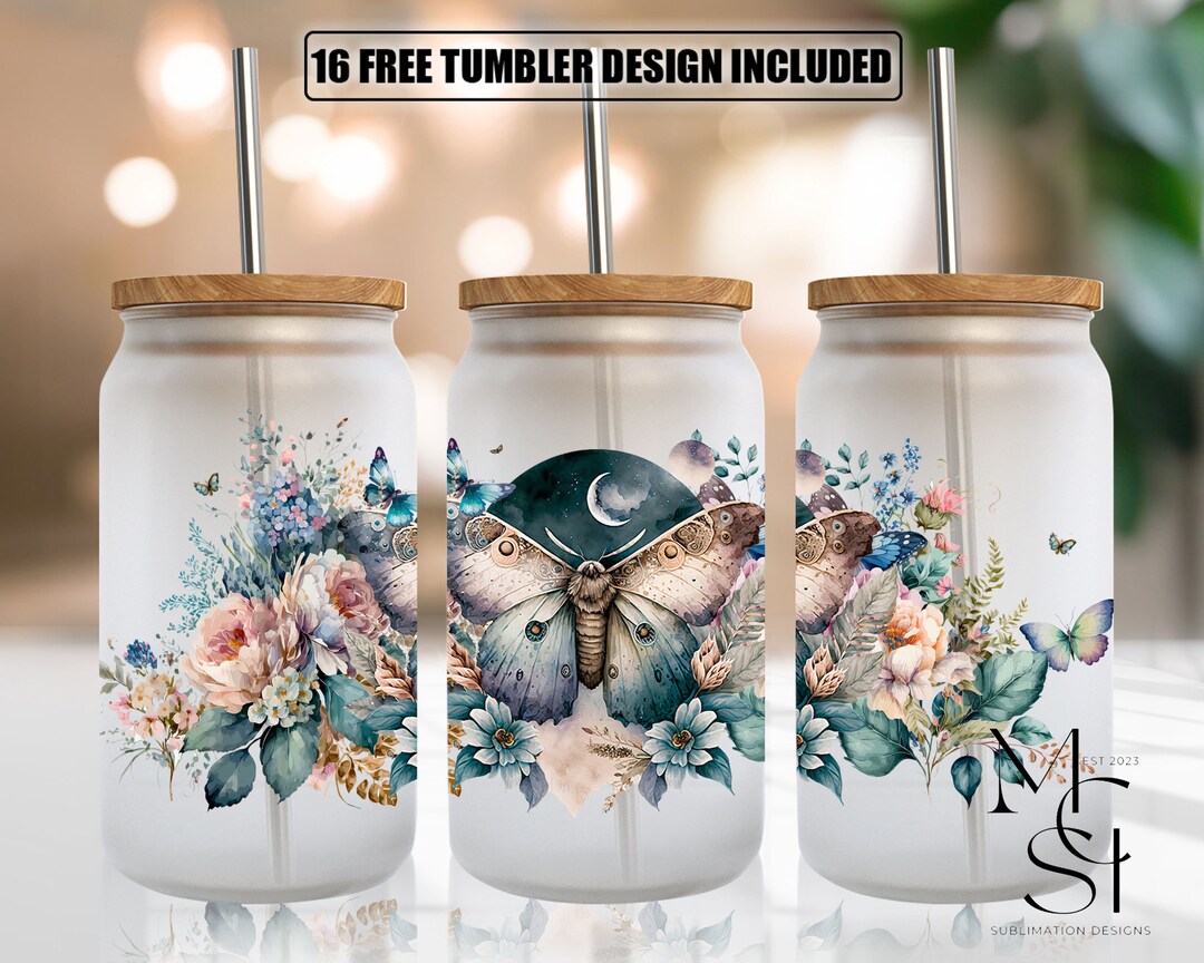 Moth With Flowers 16 Oz Libbey Glass Can Tumbler Sublimation Design ...