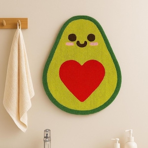 Avocado Love Rug with Red Heart | Cute Tufted Floor Mat | Funny Kitchen Decor | Handmade Gift for Couples | Kawaii Bathroom Accent