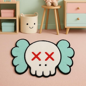 Skull Tufted Rug – Cartoon Skull Mat with Wings – Pop Art Kids Room Rug – Handmade Birthday Gift for Boy or Girl