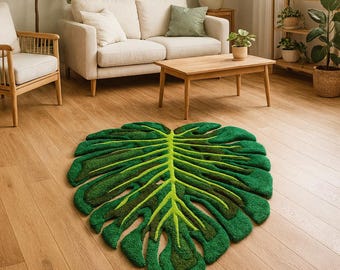 Hand-Tufted Monstera Leaf Rug – Custom Green Botanical Moss Carpet