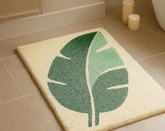 Tropical Leaf Tufted Rug – Handmade Botanical Bath Mat, Green Banana Leaf Carpet Decor