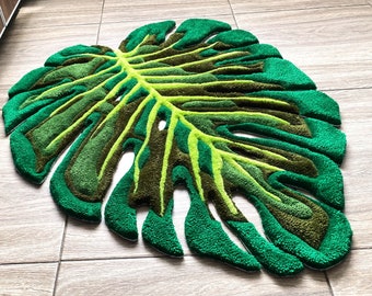 Handmade Tufted Monstera Leaf Rug – Green Bathroom Bath Mat, Custom Plant Decor