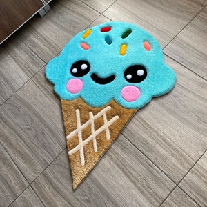 Alfombra de helado kawaii con mechones - Bonita decoración para habitación infantil - Alfombra de cono pastel - Divertida alfombra de baño para niñas o niños - Alfombra estilo dibujos animados