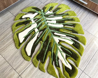 Tufted Monstera Leaf Bath Mat: Fluffy Plant Decor, Acrylic & Cotton