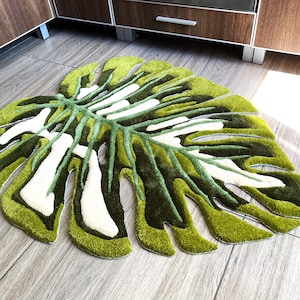 Sage green monstera jungle mint – tropical bathroom rug