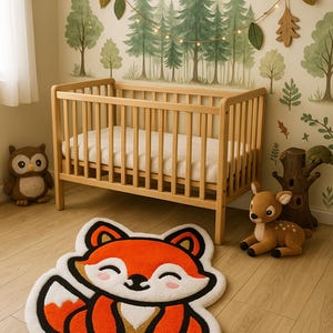 Woodland nursery with hand-tufted red fox rug – forest-themed kids room decor