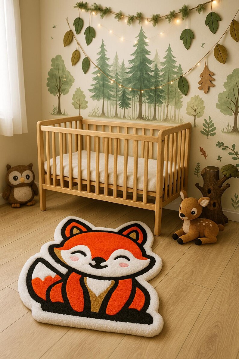 Woodland nursery with hand-tufted red fox rug – forest-themed kids room decor