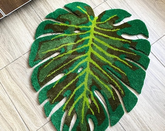 Handmade Tufted Monstera Leaf Rug: Fluffy Green Living Room Decor