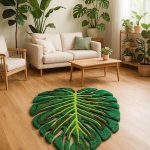 Tufted Monstera Leaf Bath Mat: Fluffy Plant Decor, Acrylic & Cotton Monstera dark green