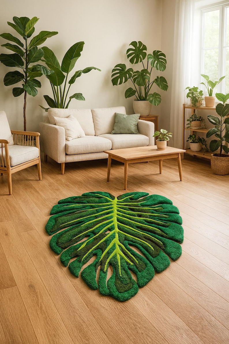 Tufted Monstera Leaf Bath Mat: Fluffy Plant Decor, Acrylic & Cotton Monstera dark green
