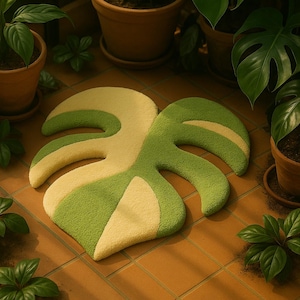 Variegated monstera rug in green and cream, handmade tufted design styled on tiled floor.