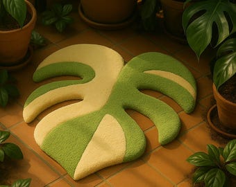 Variegated Monstera Rug – Handmade Tufted Green & Cream Leaf Carpet, Custom Fluffy Area Rug