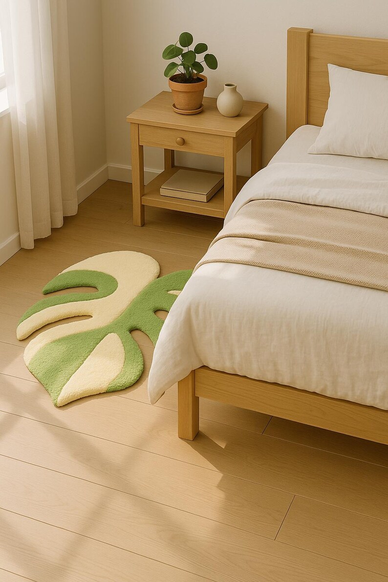 Custom tufted monstera Teppich with green apple and moss rug tones.