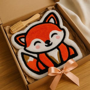 Handmade fox rug rolled in gift box with ribbon – baby shower or kids gift presentation