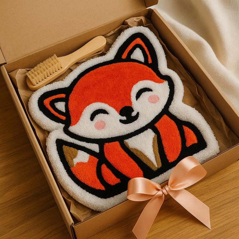 Handmade fox rug rolled in gift box with ribbon – baby shower or kids gift presentation