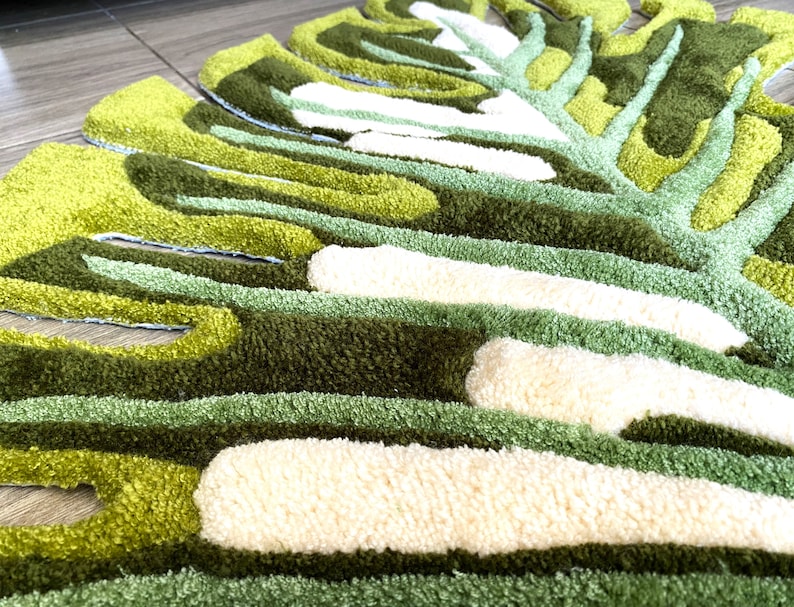 Sage green rug – tropical plant rug for yoga decor