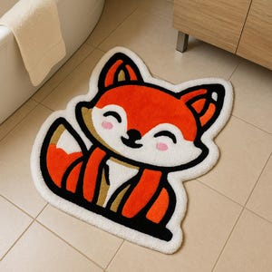 Handmade red fox rug on beige tile floor – animal rug for kids playroom or baby room