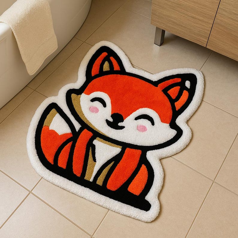 Handmade red fox rug on beige tile floor – animal rug for kids playroom or baby room
