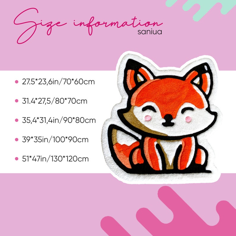 May include: A plush fox applique in orange and brown with a white background. The applique is available in five sizes: 27.5 x 23.6 inches, 31.4 x 27.5 inches, 35.4 x 31.4 inches, 39 x 35 inches, and 51 x 47 inches.