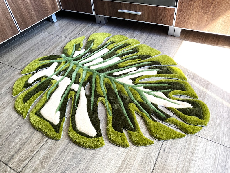 Sage green monstera jungle mint – tropical bathroom rug