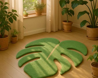Handmade Green Monstera Leaf Rug: Tufted Tropical Home Decor