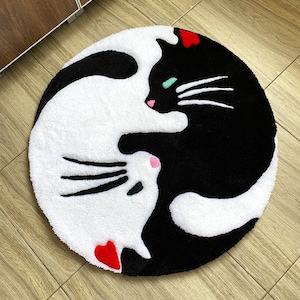 ハンドメイドのタフテッドキャットラグ | 白黒猫デザイン | ベビールームラグ | 陰陽ラグ | オリジナルギフト | カラフルふわふわラグ