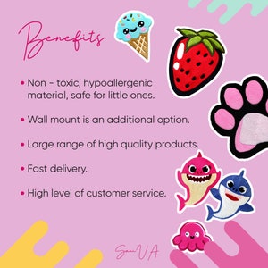 May include: Pink background with a list of benefits for a product. The benefits include non-toxic, hypoallergenic material, safe for little ones, wall mount is an additional option, large range of high quality products, fast delivery, and high level of customer service. The image also includes various colorful cartoon characters.