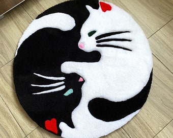 Handmade Tufted Cat Rug: Black & White Yin Yang Design